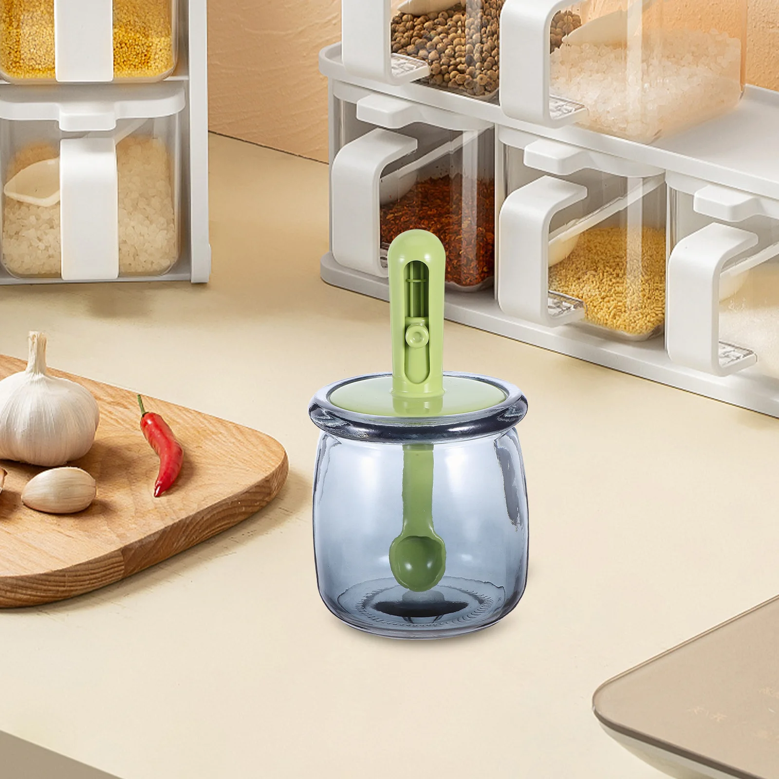 

Airtight Kitchen Canisters Multifunctional Condiment Box with Retractable Spoon Clear Glass Seasoning Jars Decorative