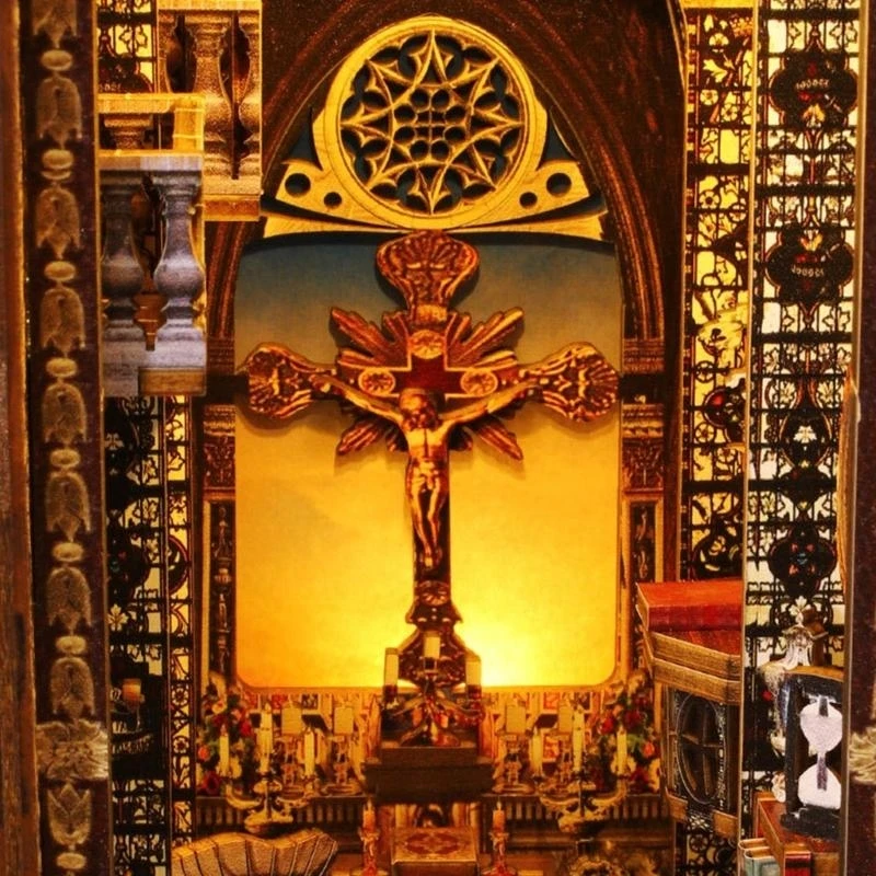 DIY BookNook Bookshelf Insert Decor Assembled Church 3D Wooden Puzzle 15UB