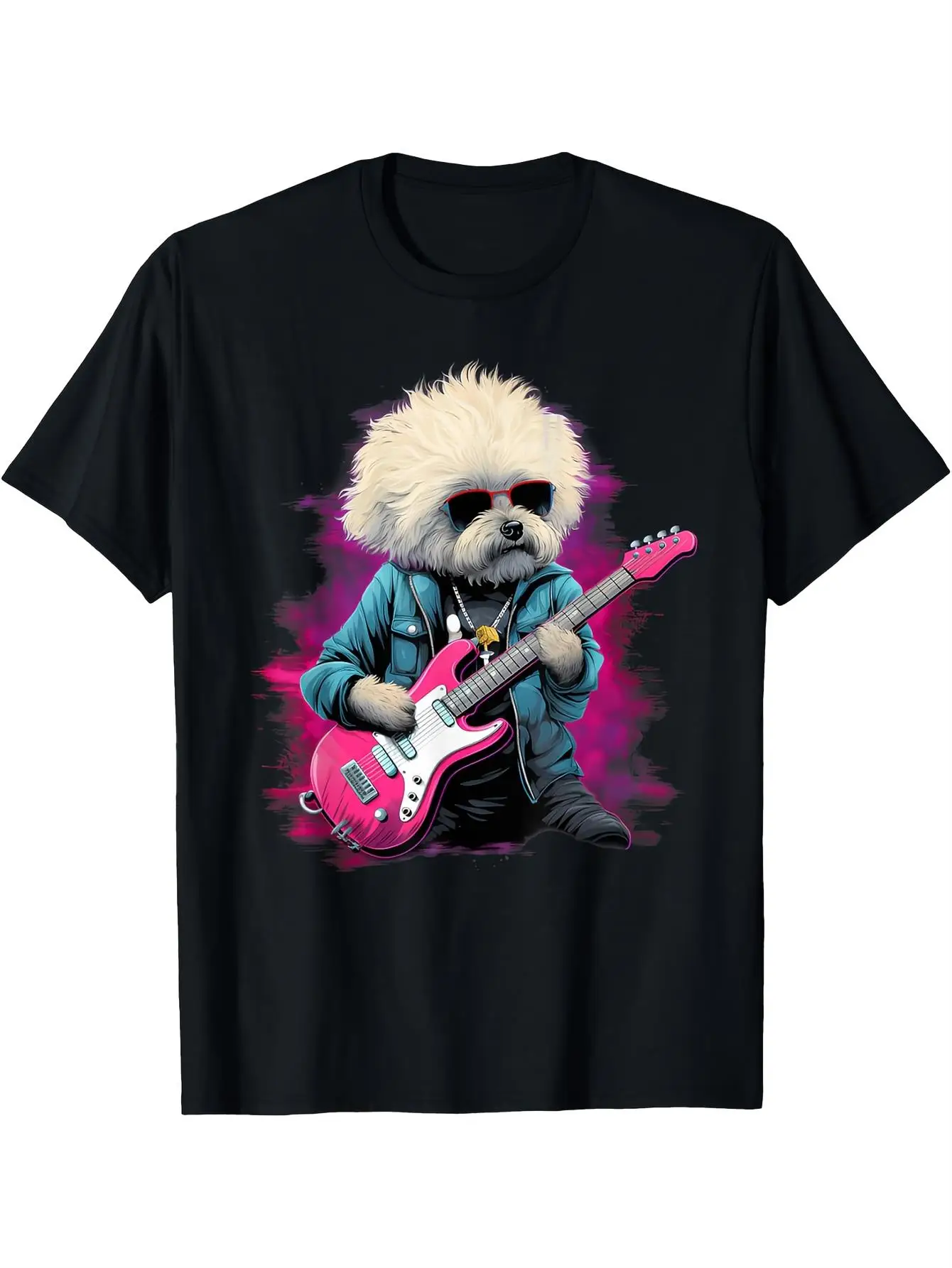 

Rock Dog Musician Graphic Tee Fluffy Bichon Guitarist Print Cotton Casual Round Neck T-Shirt