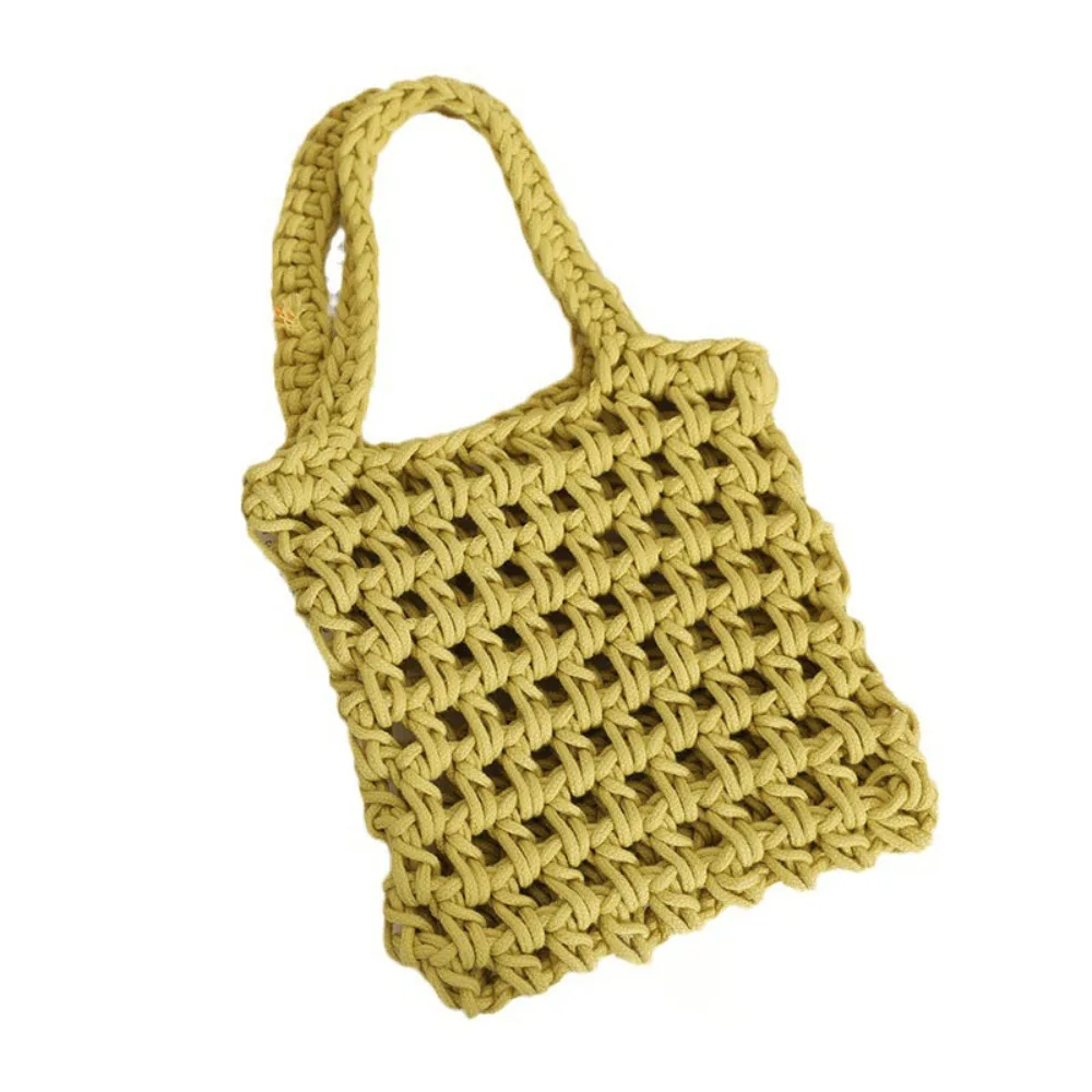 Cute Handheld Cotton Thread Woven Bag New Versatile Solid Color Hollow Grass Woven Bag Handheld Mesh Women\'s Bag