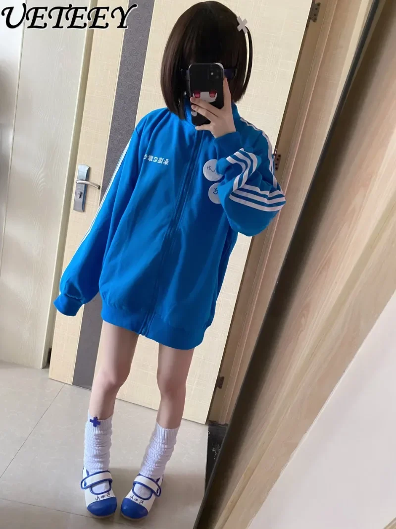 Zipper Stand-up Collar Long-sleeved Sweatshirt Jacket Japanese Original Sweet Cute Girls Striped Kawaii Y2k Clothes Hoodies