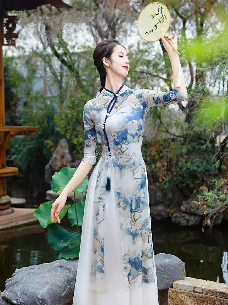 2024 chinese style classical dancing qipao fashionable printing retro literature art qipao set fairy elegant folk dance dress