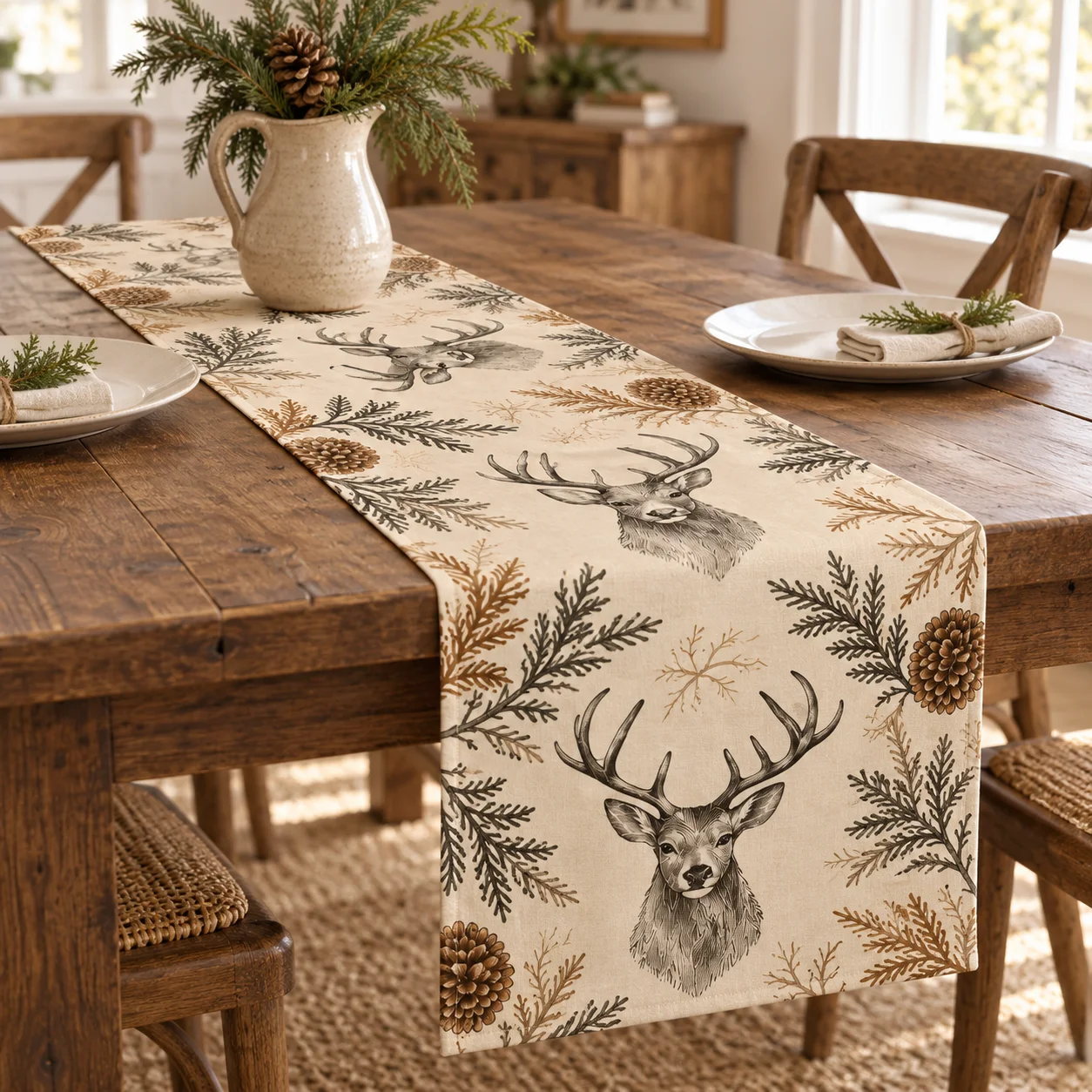 Rustic Table Runner, Farmhouse Winter Xmas Decor, for Kitchen Dining Table, Christmas Party Picnic Family Gathering Tabletop Orn
