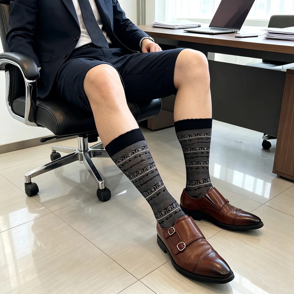 Men's Vintage Geometric Striped Over The Calf Dress Socks Formal Business Long Tube Socks for Suit Leather Shoes Breathable Soft
