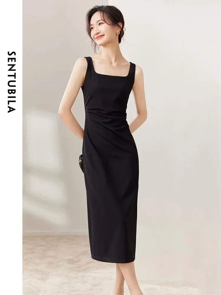 

SENTUBILA Black Fitted Long Dress For Women 2025 Spring Summer Elegant Fashion Hepburn Style Square Neck Split Dresses 133L50329