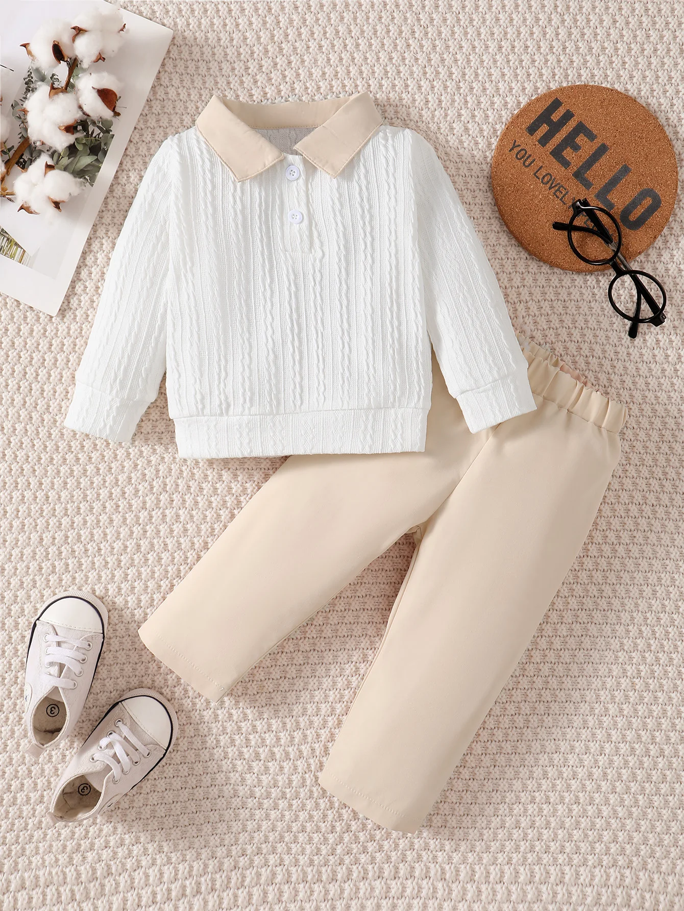 Boys' Spring and Autumn Plain Color Simple Fashion Gentleman Splice Open Chest Polo Long Sleeve+Long Pants Boys' Set