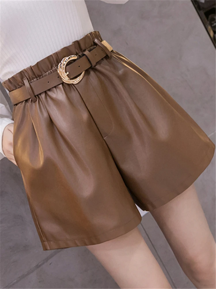 Seoulish 2022 New Autumn Winter Black PU Faux Leather Women's Shorts Sashes High Waist Wide Leg Shorts Elegant Female Trousers