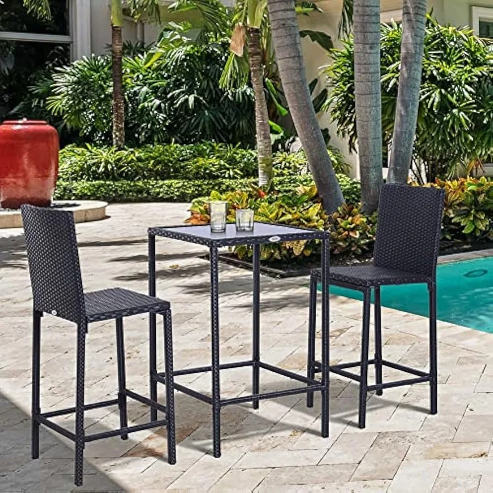 3-teiliges Rattan-Bar-Set mit Tischplatte aus Glas, 2 Barhocker für den Außenbereich, Terrasse, Garten, Pool, Hinterhof