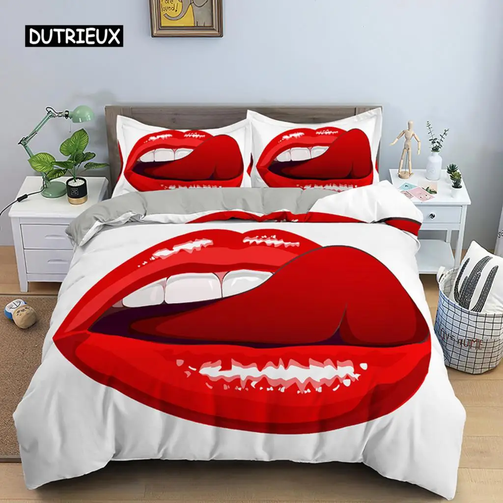 

Red Lips Duvet Cover Set 3D Bedding Set Kiss Me Red Lips Bedclothes King Size Quilt Cover Sexy Lips For Women Men Bedroom Decor