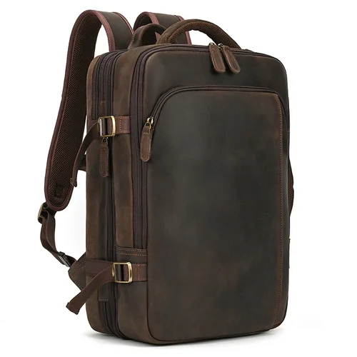 Imagen 2 del producto Mochila de negocios para hombre, bolso de cuero para hombre, bolso multifuncional, mochila de cuero de Caballo Loco de gran capacidad