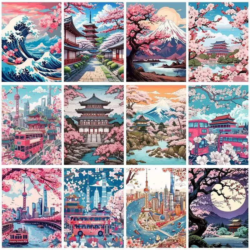 

CHENISTORY Picture By Number Urban cherry blossom scenery Kits Painting By Number Drawing On Canvas HandPainted Art Home Decor