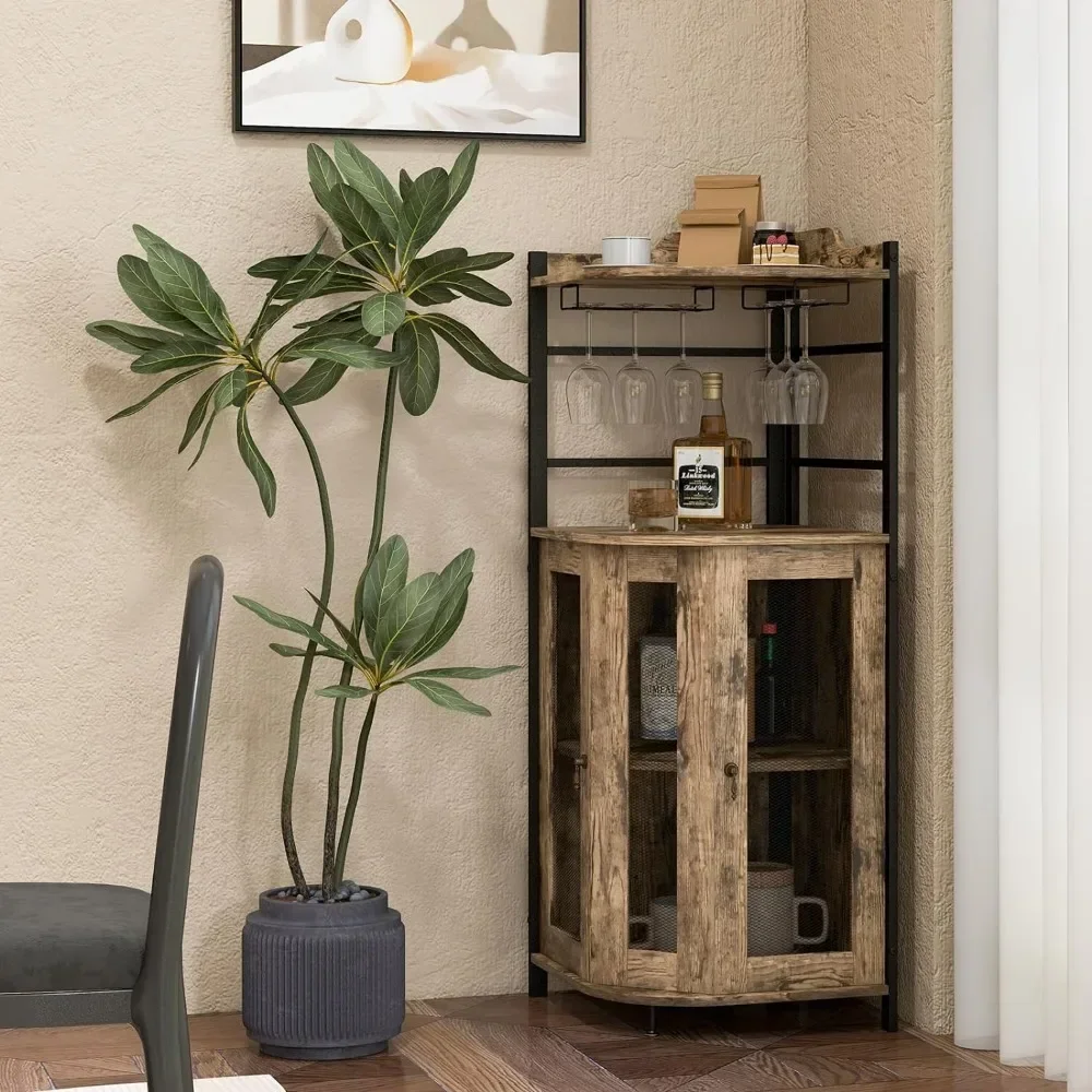 Bar Cabinet, Industrial Wine Cabinet with Metal Mesh Doors & Adjustable Shelf, Liquor Cabinet Rustic Brown