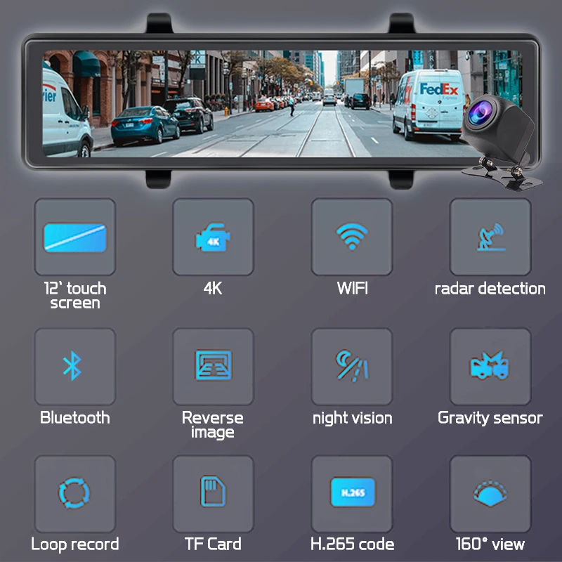 Driving 4K Recording Wifi Mobile App Real-time Monitoring G Sensor Reverse Image Double Recording 170° Wide Angle Bluetooth 12”