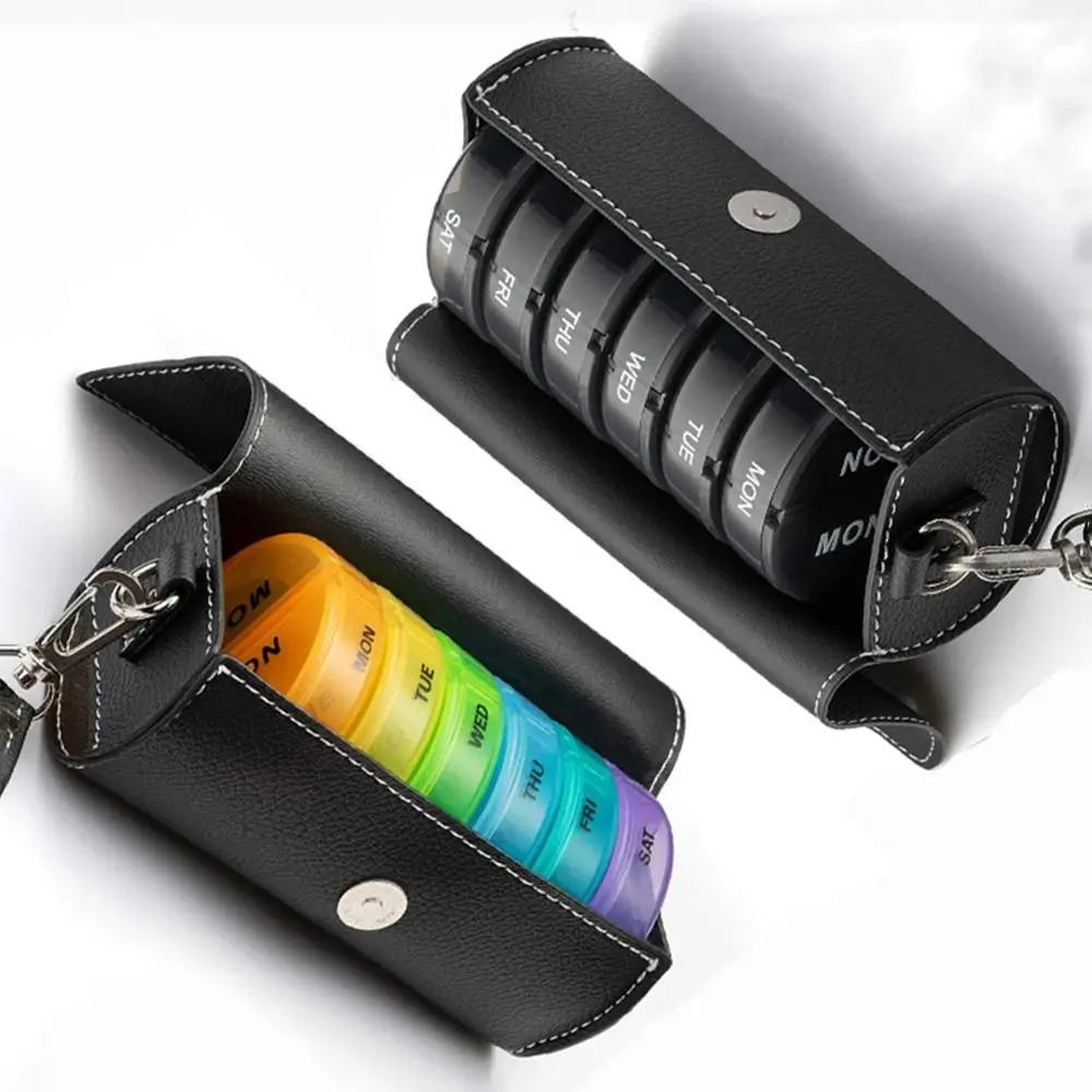 PU Leather 7-Day Pill Organizer AM/PM Compartments Drug Container Rainbow Pill Box Portable Dust-proof 14-Grid Vitamin Storage