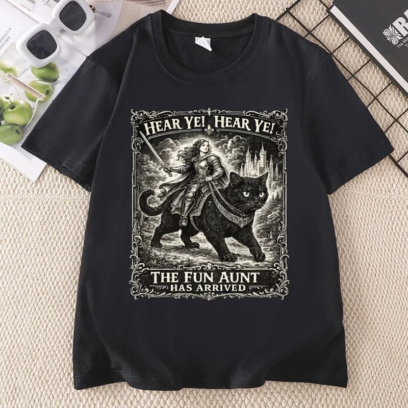 Fun Aunt Knight Riding Black Cat T-Shirt Funny Auntie Cat Meme T Shirt Cotton Short Sleeve Round Neck Printed Tshirts