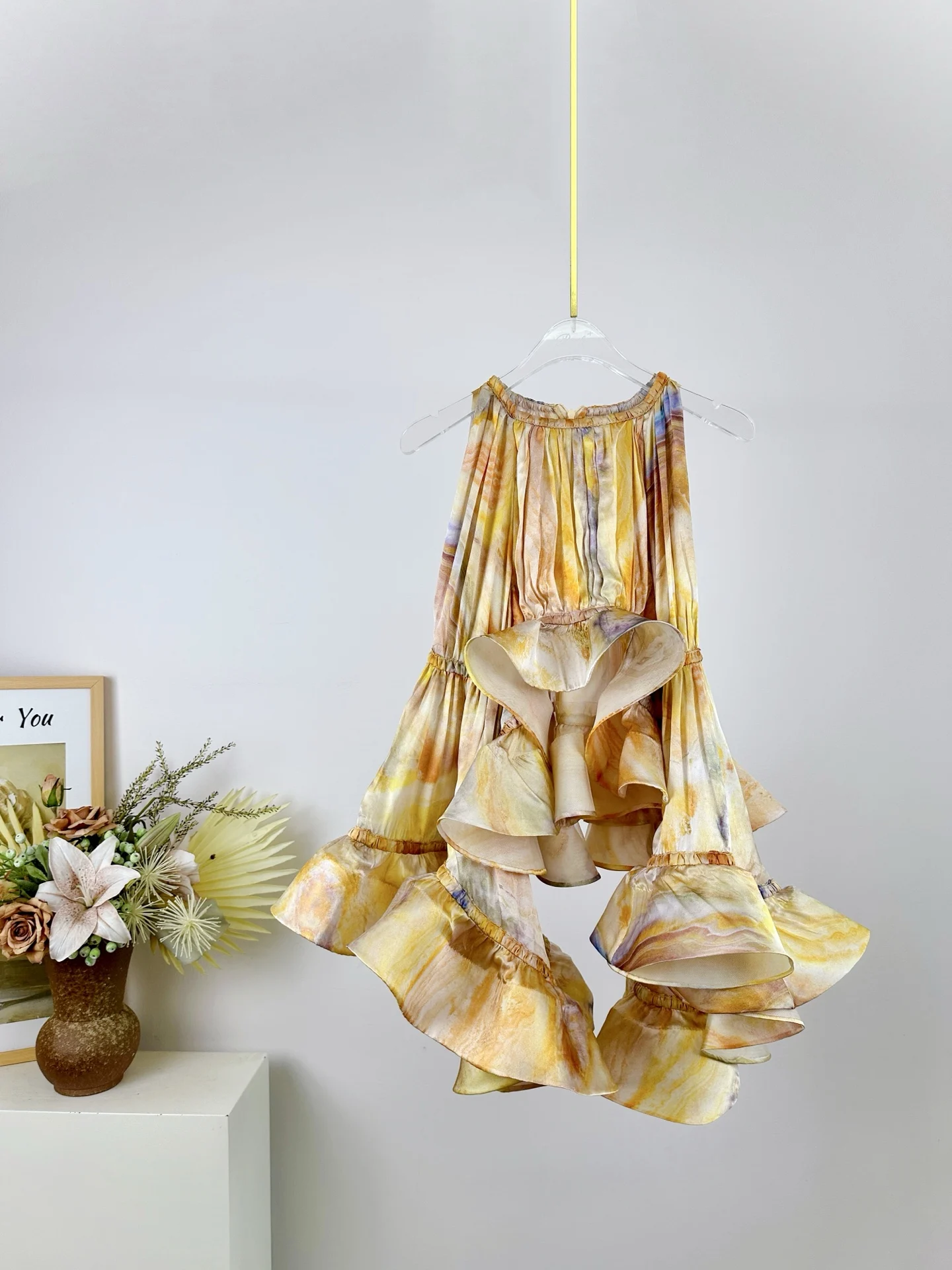 

2025 Spring/Summer New Silk Ruffled Zimmerman Shirt, Women's Tie-Dye Long-Sleeved Beach Party Top