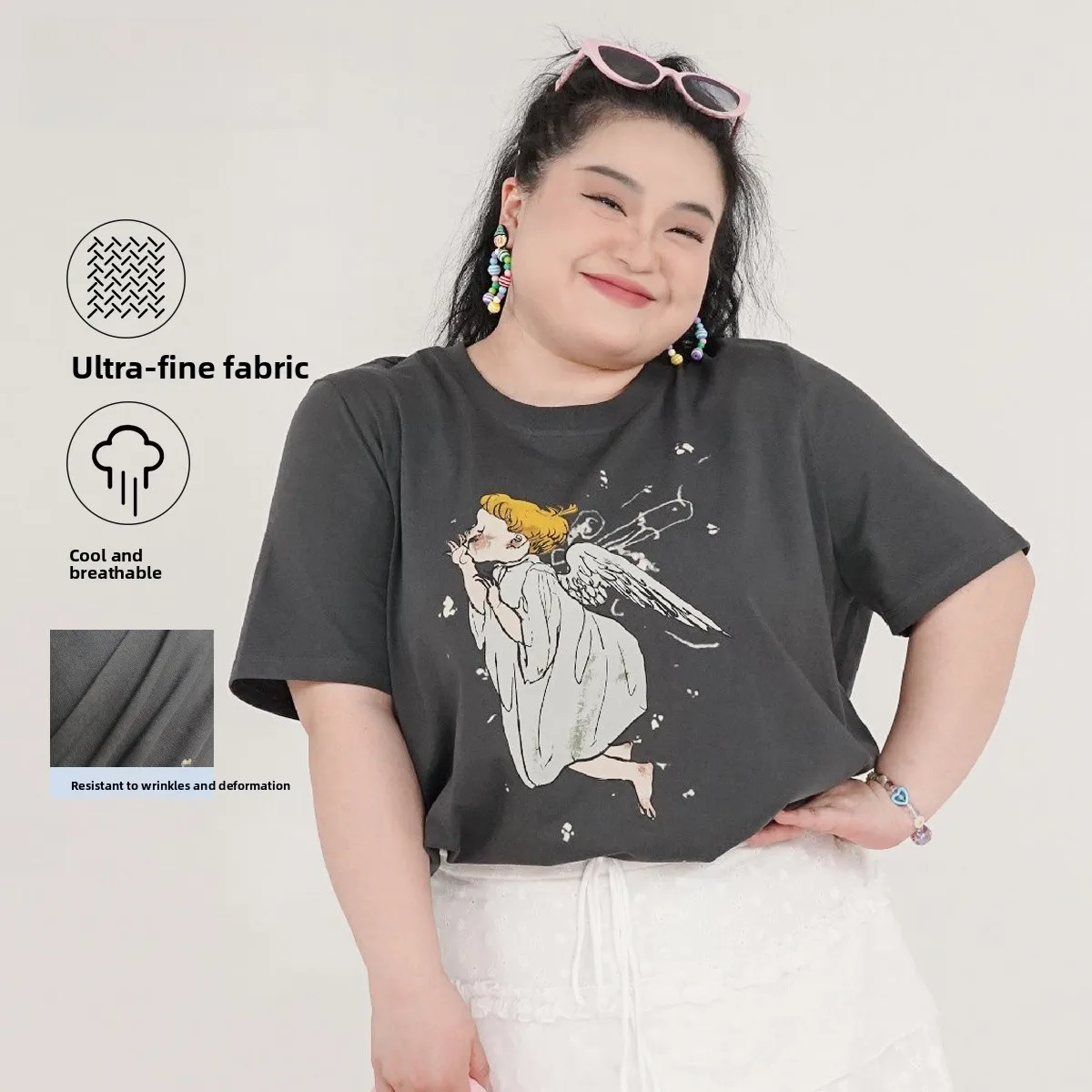 

Angel Print T-irt plus Size Comfortable Cotton Casual Sle Summer Slimming Effect Milan Double Gauze Women's Top
