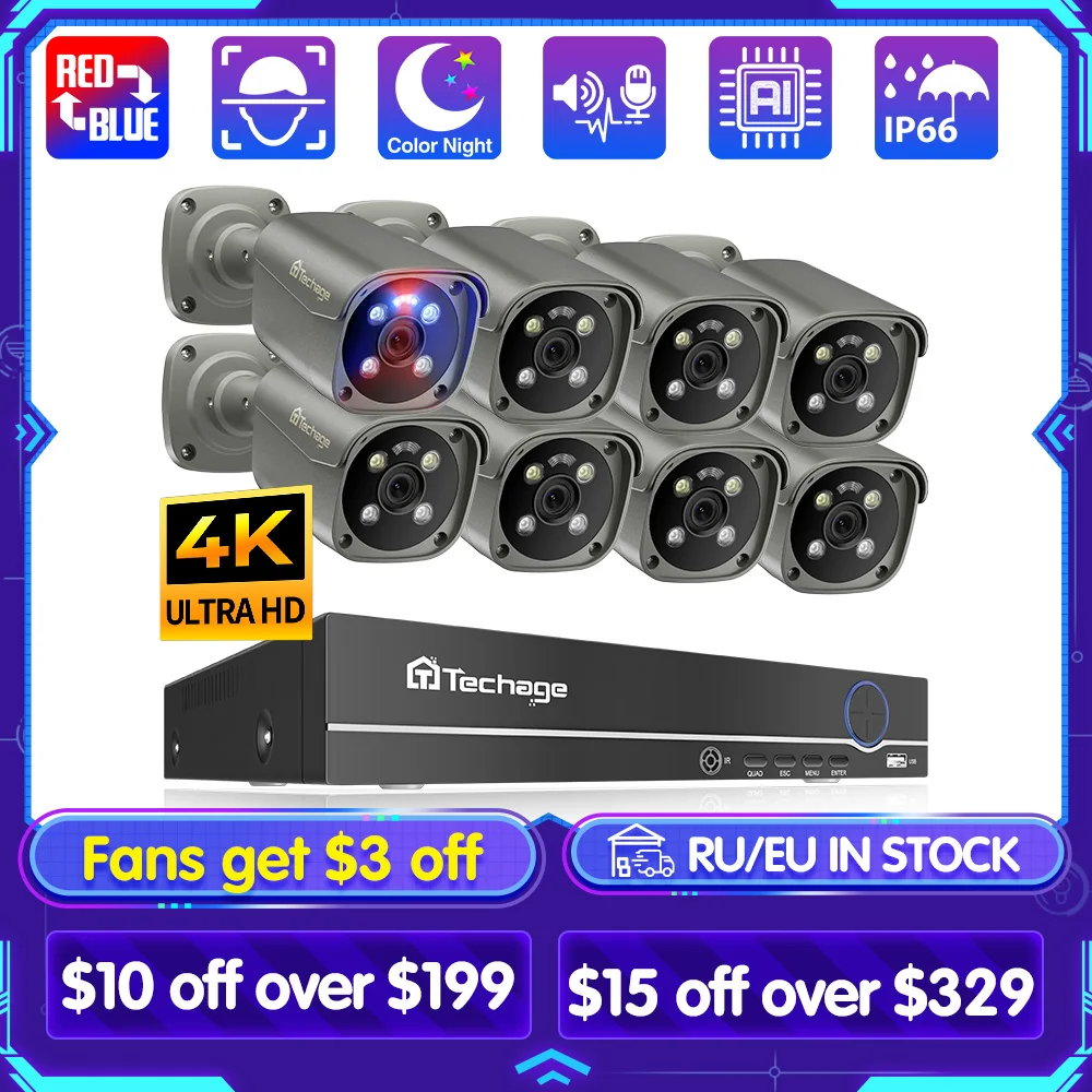 Techage-H.265 8CH 5MP 4K POE 카메라 시스템, 스마트 AI 풀 컬러 야간 투시경 얼굴 감지 CCTV 비디오 보안 감시 키트 