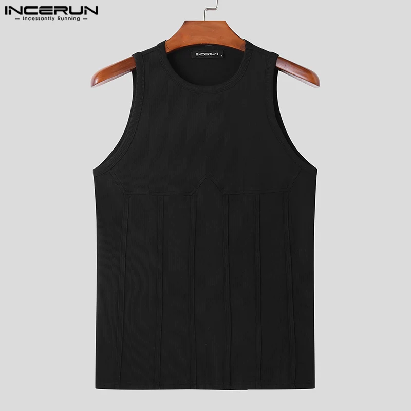 INCERUN Tops 2024 Korean Style Handsome Men O-neck Patchwork Line Vests Casual Streetwear Personality Sleeveless Tank Tops S-5XL