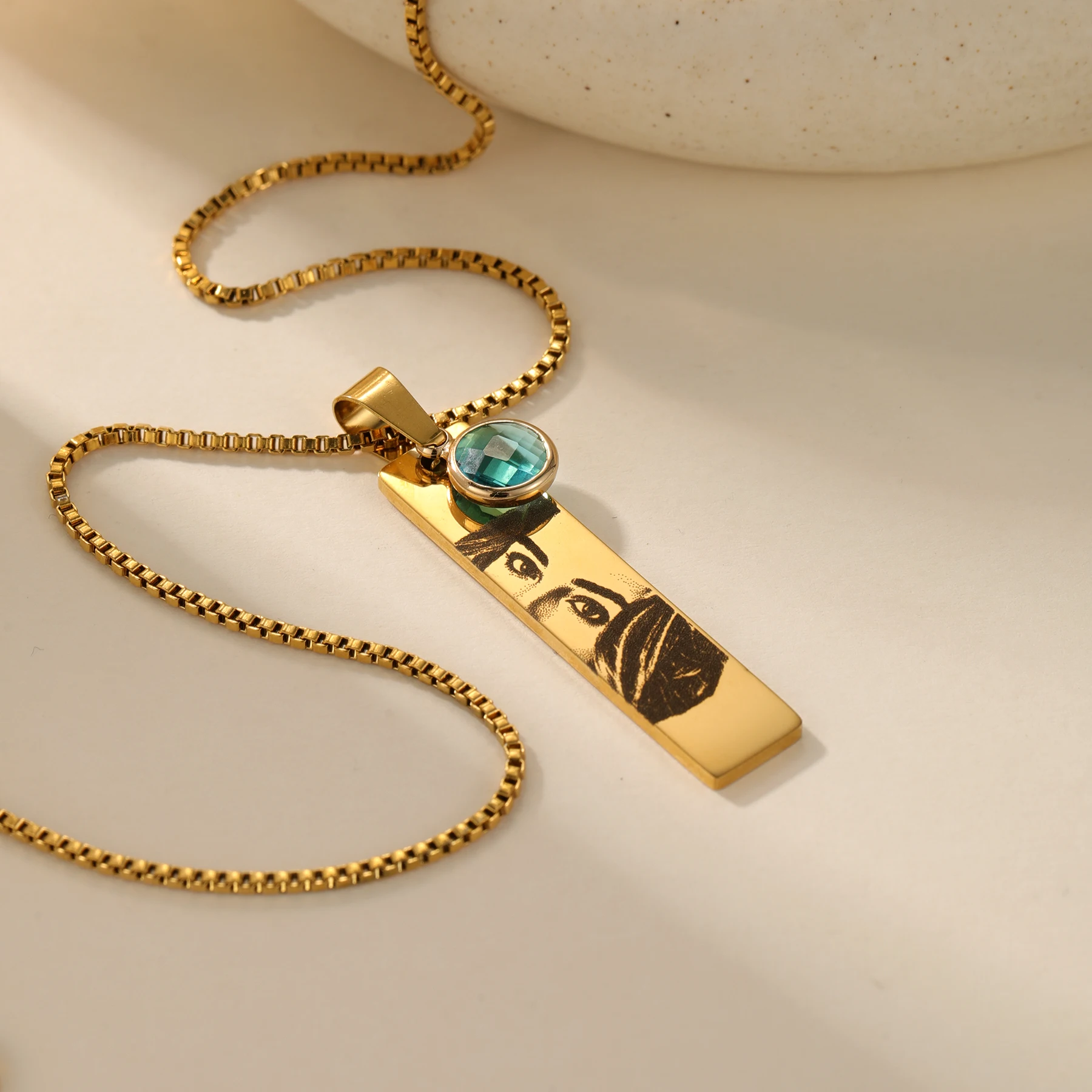 Engraved Eyebrow and Eye Design Necklace with Birthstone Pendant Cuban Chain 18K Gold Plated Mystical Jewelry Gift for Her