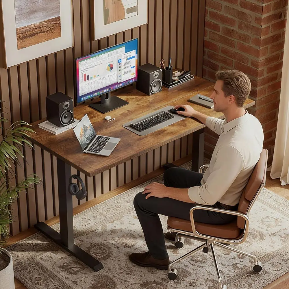 Height-Adjustable 48 Inch Electric Standing Desk, Rustic Brown, Two-Piece Top with Memory Preset and Sit-Stand Features