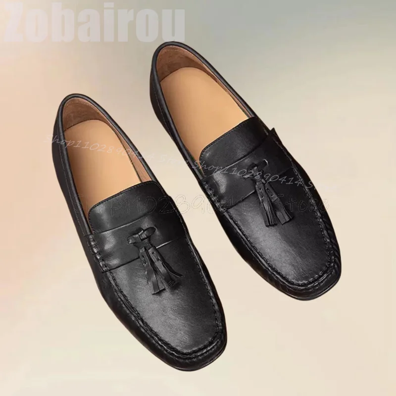 

Black Pleated Design Tassels Decor Penny Loafers Fashion Slip On Men Shoes Luxury Handmade Party Feast Office Men Casual Shoes