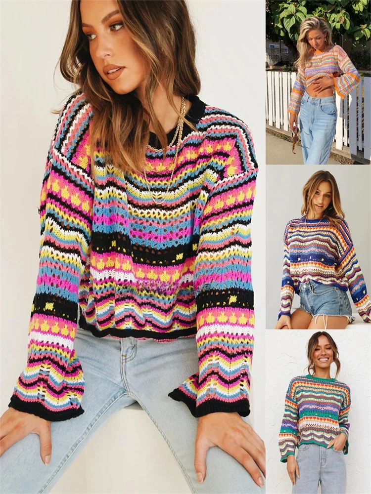 

Casual Patchwork Roundne Striped Sweater Street Sle Knitted Polyester Fiber Long Sve Spring Autumn Season Women's Sweater