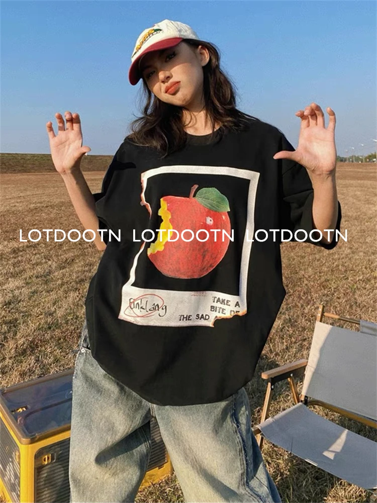 LOTDOOTN Summer New 100% Cotton Apple Graphic T-shirts American Fashion Y2K Women Loose Retro Fresh Harajuku High Street Clothes