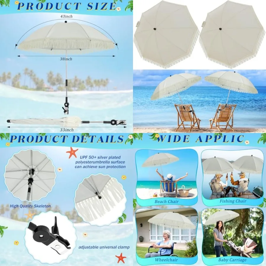

2 Pcs Beach Chair Umbrella Automatic with Universal Adjustable Clamp 44" UPF 50+ Portable Clamp on Beach Chair for Wheelchair P