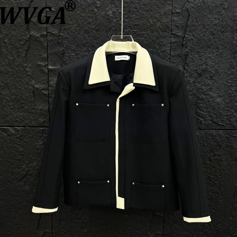 

WVGA Autumn Winter New Man Tide Spliced PU Leather Double-Layer Collar Jackets Niche Stylish Casual Fake Two Pieces Coats W14574
