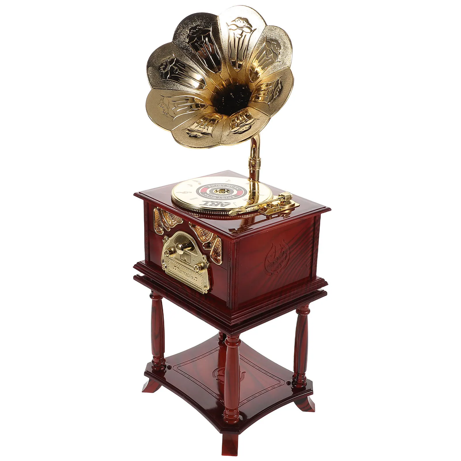 

Vintage Mini Gramophone Music Box with Intricate Carving Classic Melodies Portable Tabletop Decor for Living Room Bedroom Desk