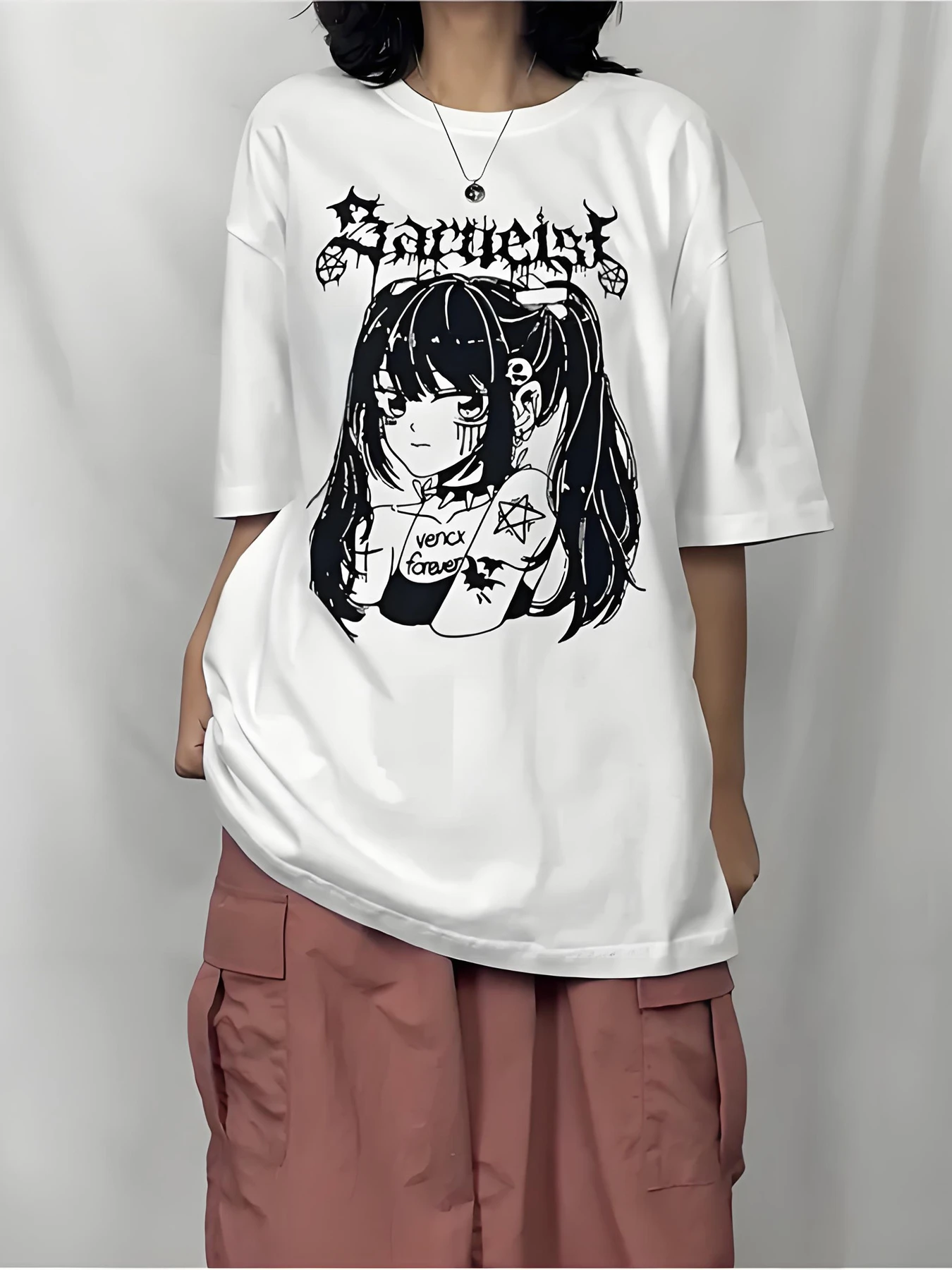 Y2K Anime Twin Tails Trendy Graphic Print Round Neck Short Sleeve T-Shirt, Summer Fashion Casual Versatile Women's Top