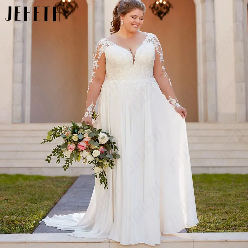 

JEHETH V-Neck Full Sleeves Wedding Dresses Plus Size A-Line Chiffon Bridal Gowns Simple Appliques Classic Lace Vestidos De Novia