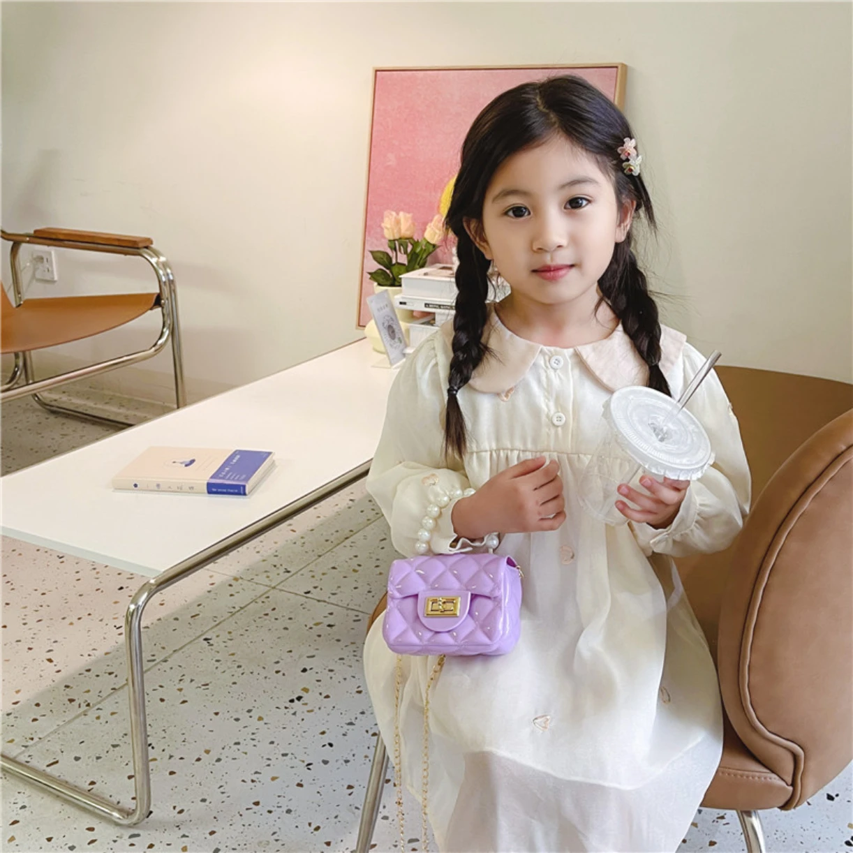 Childrens Jelly Bag Children Bag Fashion Handbag 2024 New Trendy Versatile Pearl Chain Shoulder Bags Womens Bags Girls Handbag