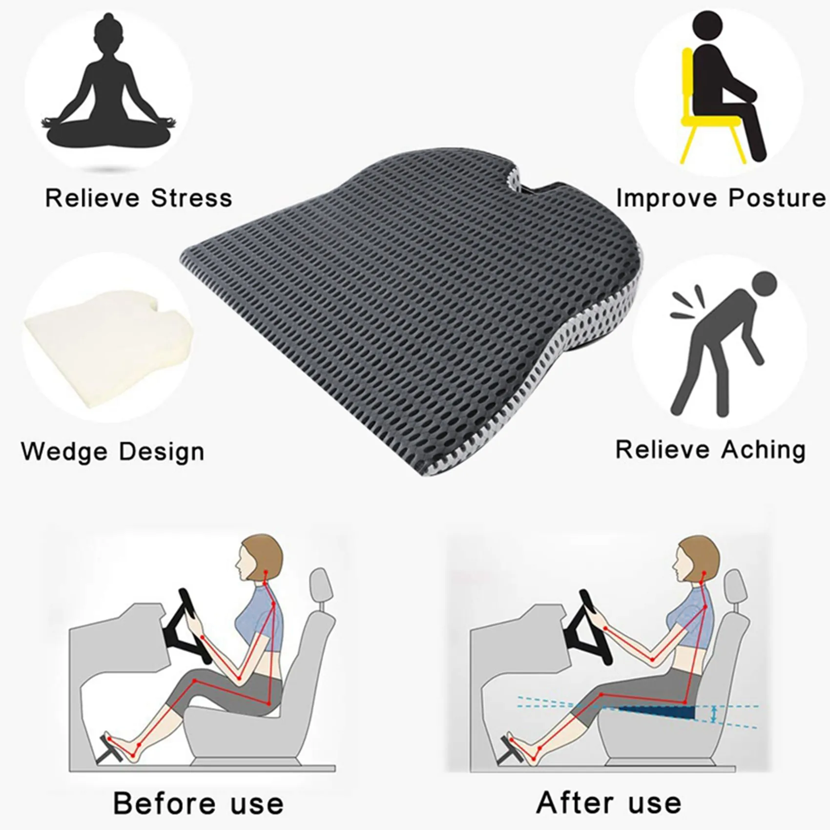 

2X Car Truck Wedge Seat Cushion For Pressure Relief Pain Relief Butt Cushion Orthopedic Ergonomic Support Memory Foam