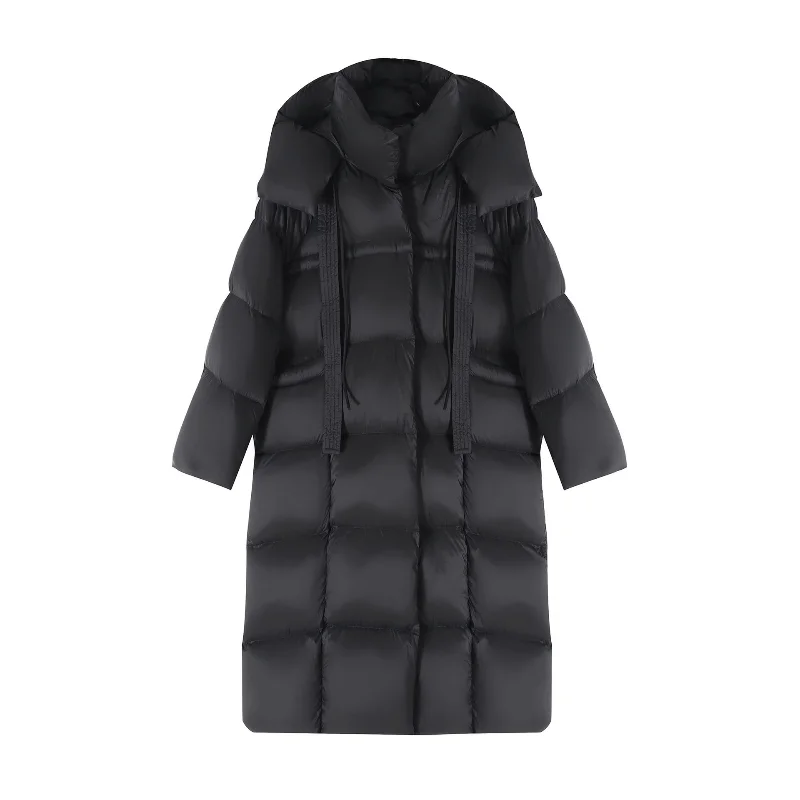 Długa kurtka damska ze strumieniowym puchem kaczym, z kapturem, luksusowa, gruba, luźna, duży rozmiar, płaszcz za kolano, długi rękaw, camel