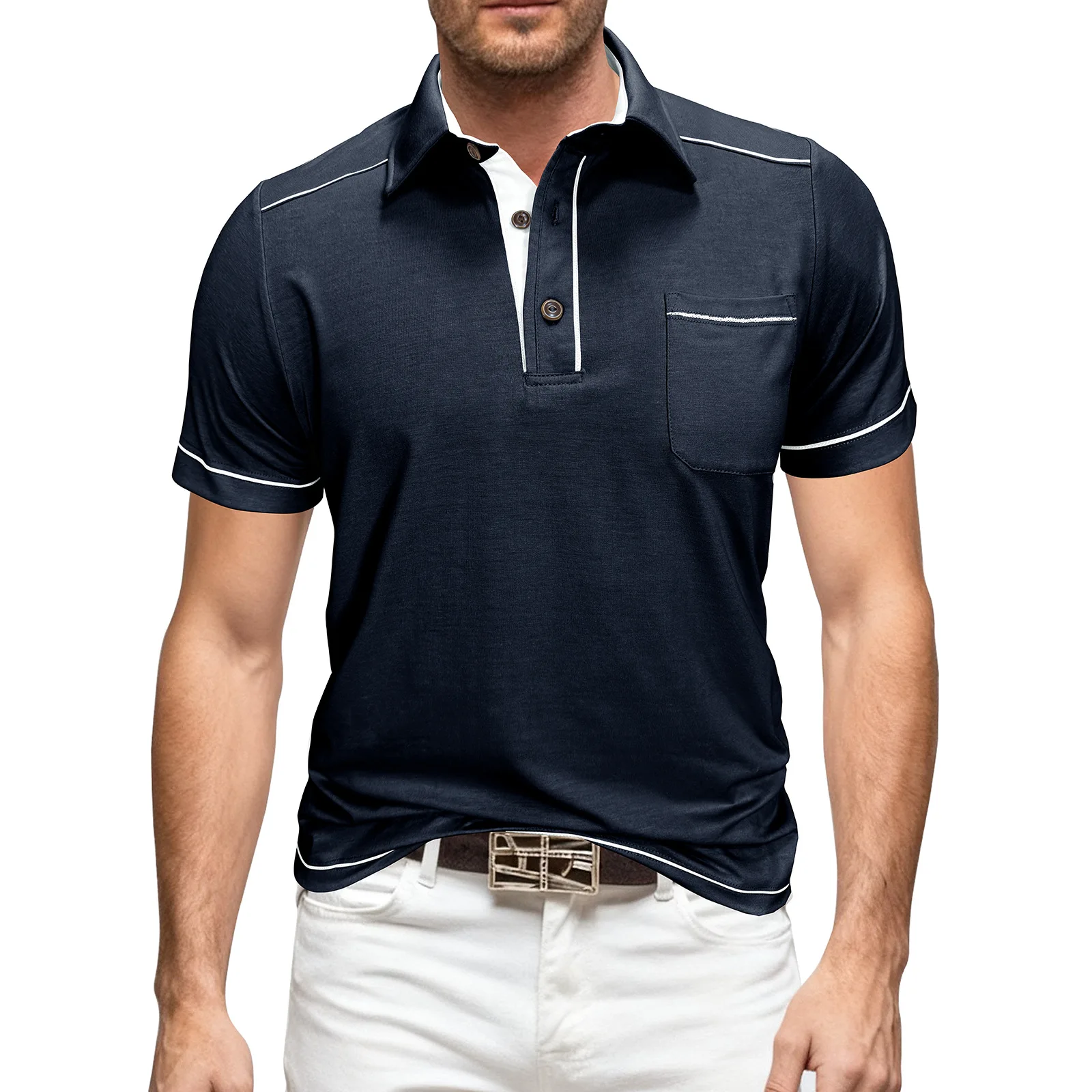 Men's Luxury Fashion Padded Polo Shirts with Buttons, Oversized Colorblock Golf Shirts T-Shirts