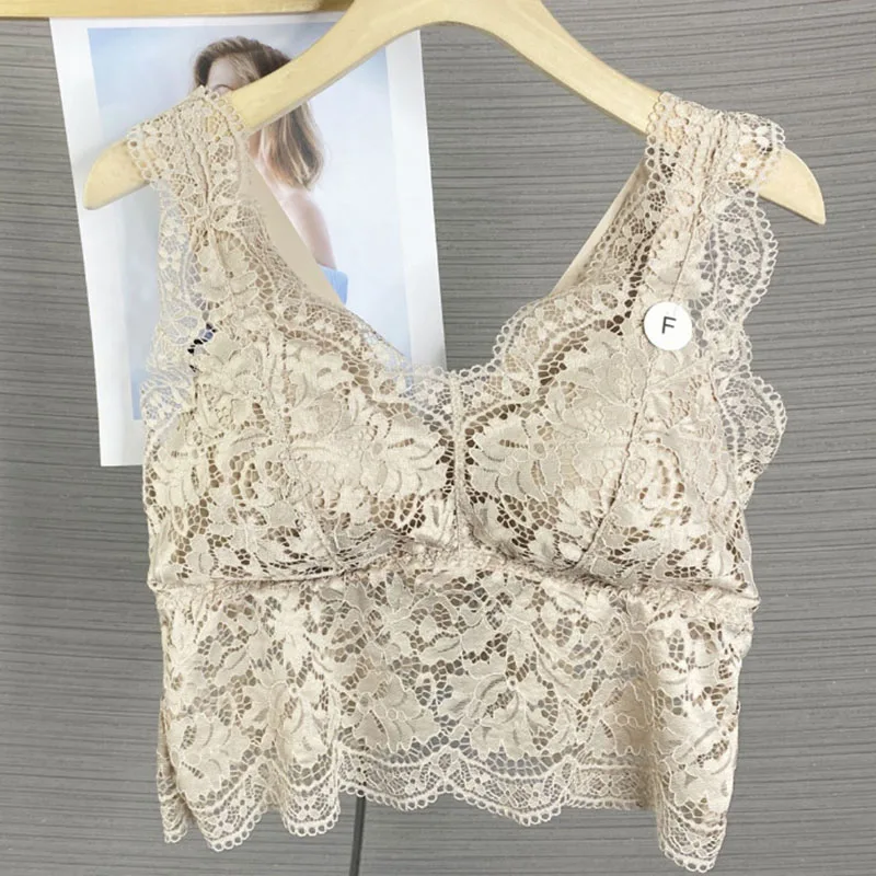 

2026 woman Intimates French lingerie Tanks backless strapless camisole one-piece fixed cup deep V sexy lace base vest Camisoles