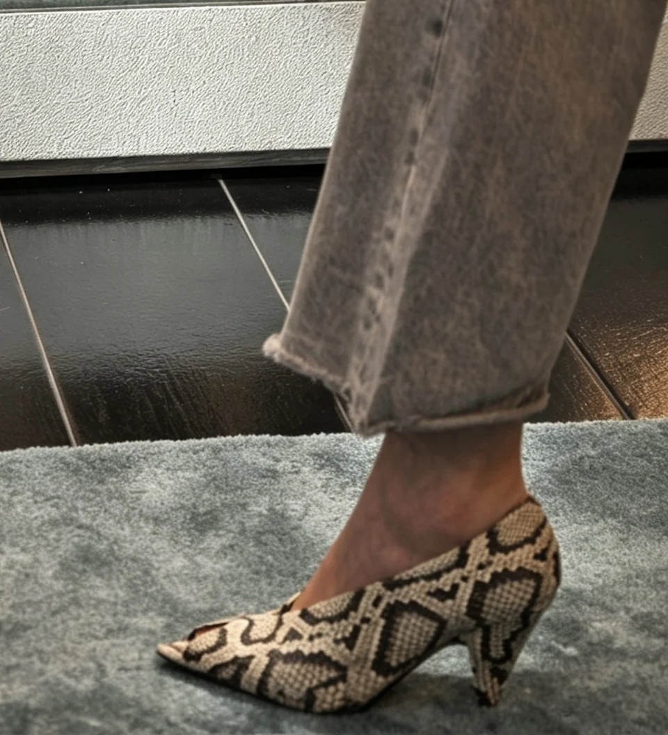 New Spring/Summer Women's Gray Snake Print High Heels Pointed Open Toe Notch V Cut Chunky Heel Sexy Elegant Daily Pumps