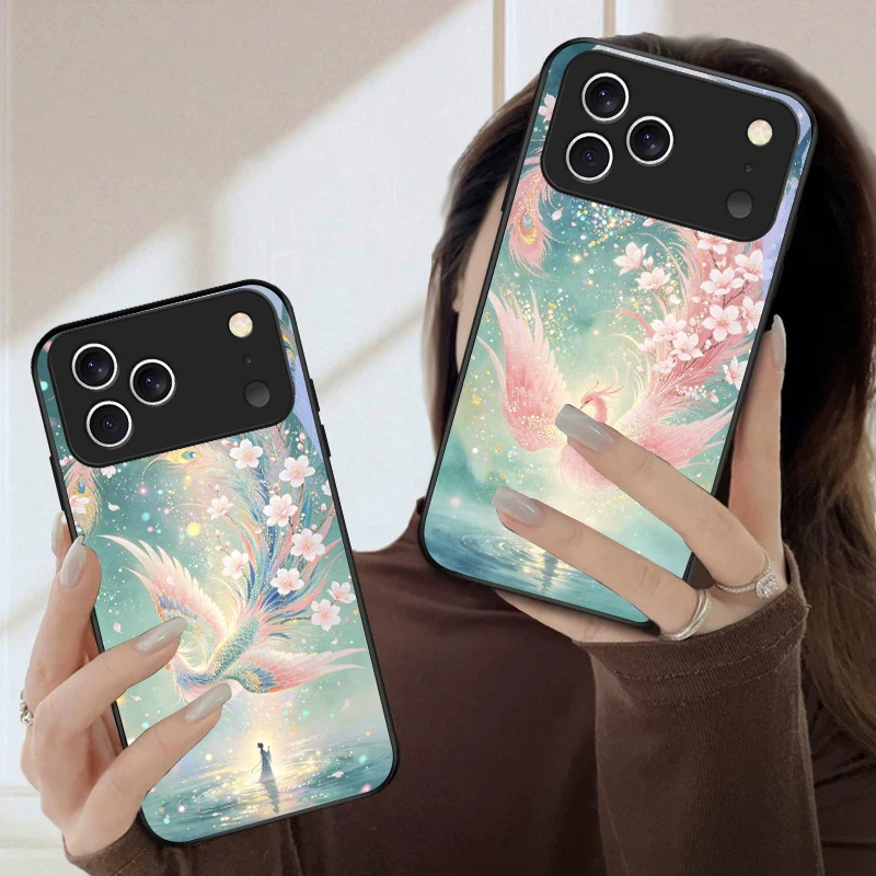 

Graceful cartoon phoenix For iPhone 17 Pro Max 16 E 15 Plus 14 Pro 13 12mini 11 Air XS Max 5 6 7 8Plus SE Black Glass Phone Case