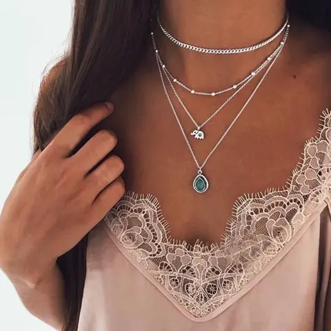 Bohemian Multi Layered Necklaces for Women Water Drop Elephant Beaded Pendant Chains Choker Boho Fashion Jewelry Necklace