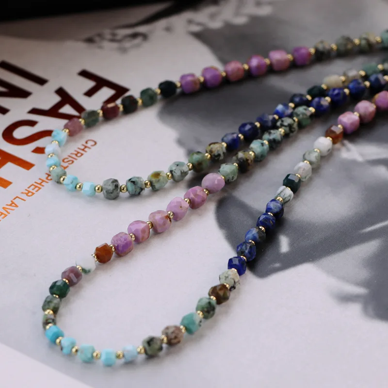 

Niche Retro Bohemian Violet Lapis Lazuli Turquoise Indian Agate Natural Stone High-end Long Necklace Clavicle Chain for Women
