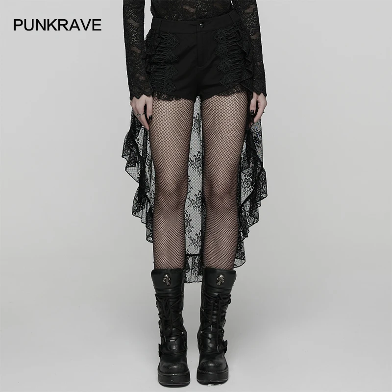 PUNK RAVE Dames Gothic Retro Hoog-laag Kanten shorts met ruches Punk Uniek Niet-afneembaar Skort-ontwerp uit één stuk Donkere korte broek
