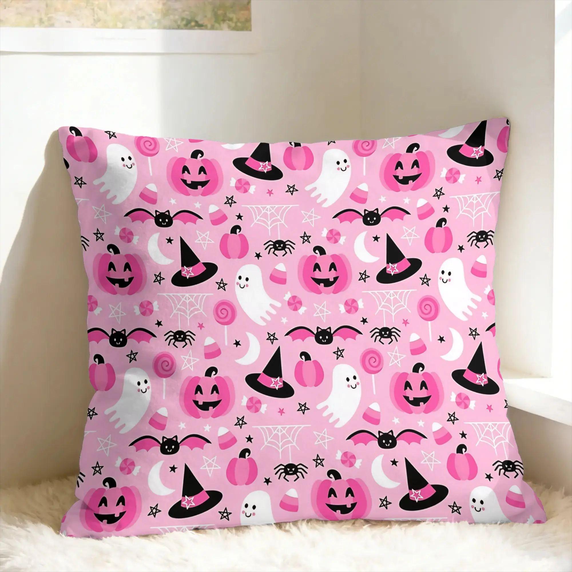 Pink Coquette Ghost Halloween Pillow Case  Graphic Pillow Cover Kawaii Cushion Cover For Sofa Bedroom Home Decor