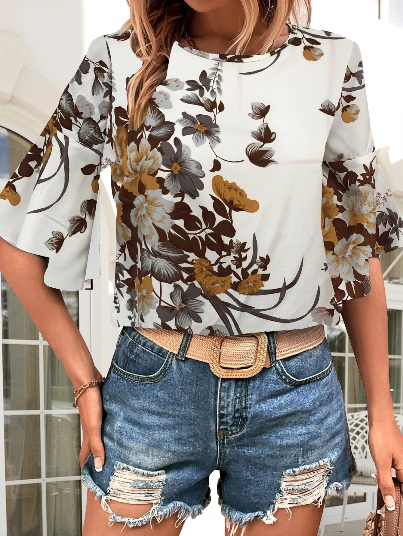 Summer Casual Floral Printed Blouses Shirts Women Basic Neck Half Sleeve Tops Ladies Vintage Chic Blouses