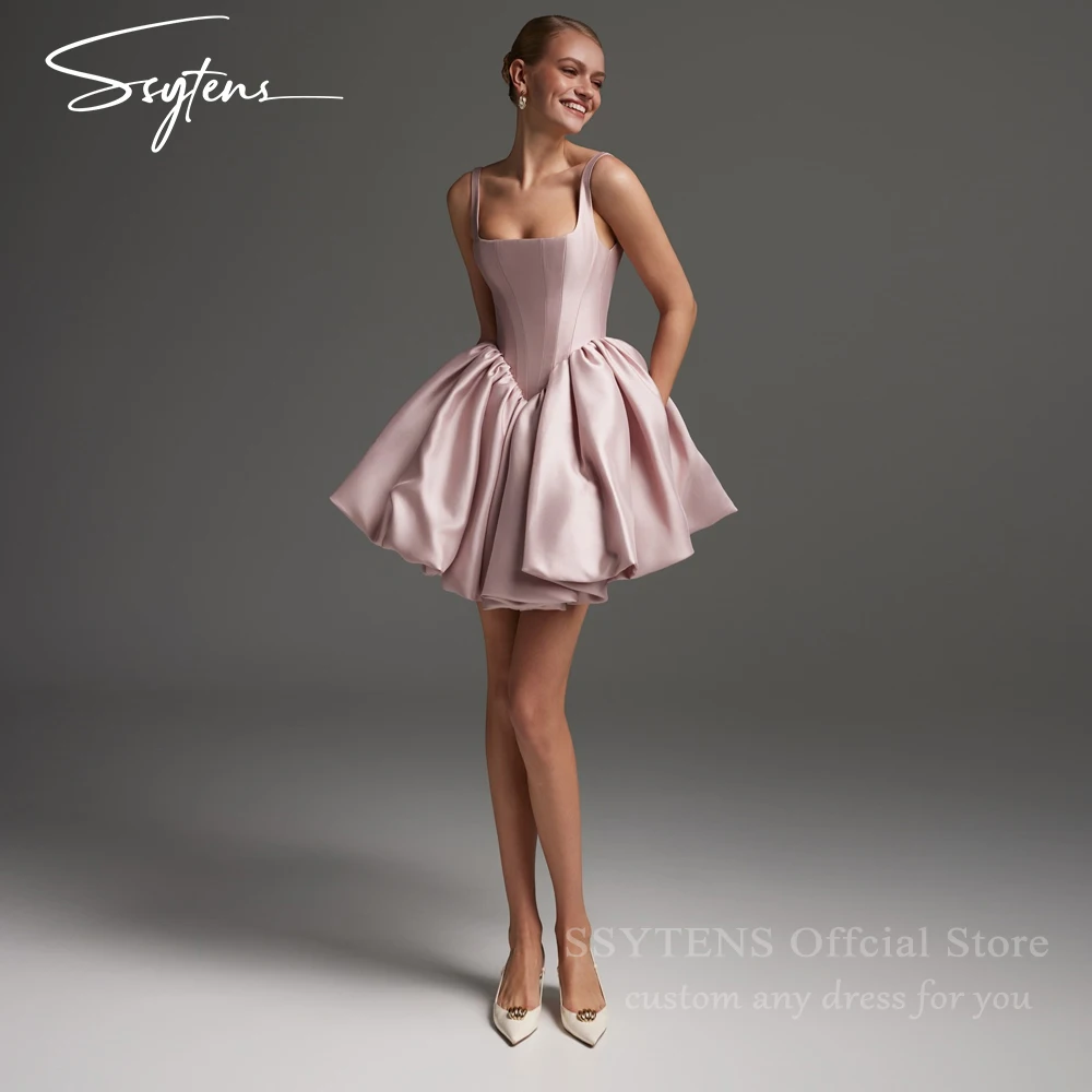 

SSYTENS Satin Puffy Prom Gowns A Line Square Collar Dresses For Wedding Guests Pink Pleated Short Homecoming Dresses Customized