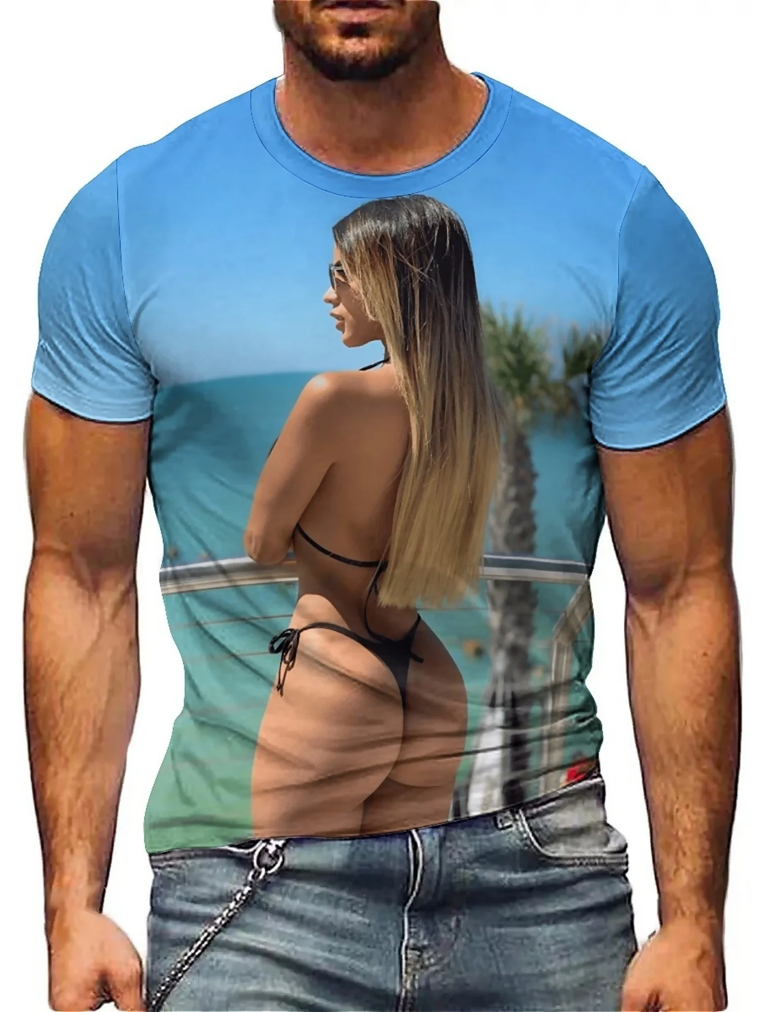 تي شيرت رجالي بأكمام قصيرة مطبوع ثلاثي الأبعاد - تصميم مثير لمشهد الشاطئ، أزرق فاتح، مقاس فضفاض، بوليستر مسامي