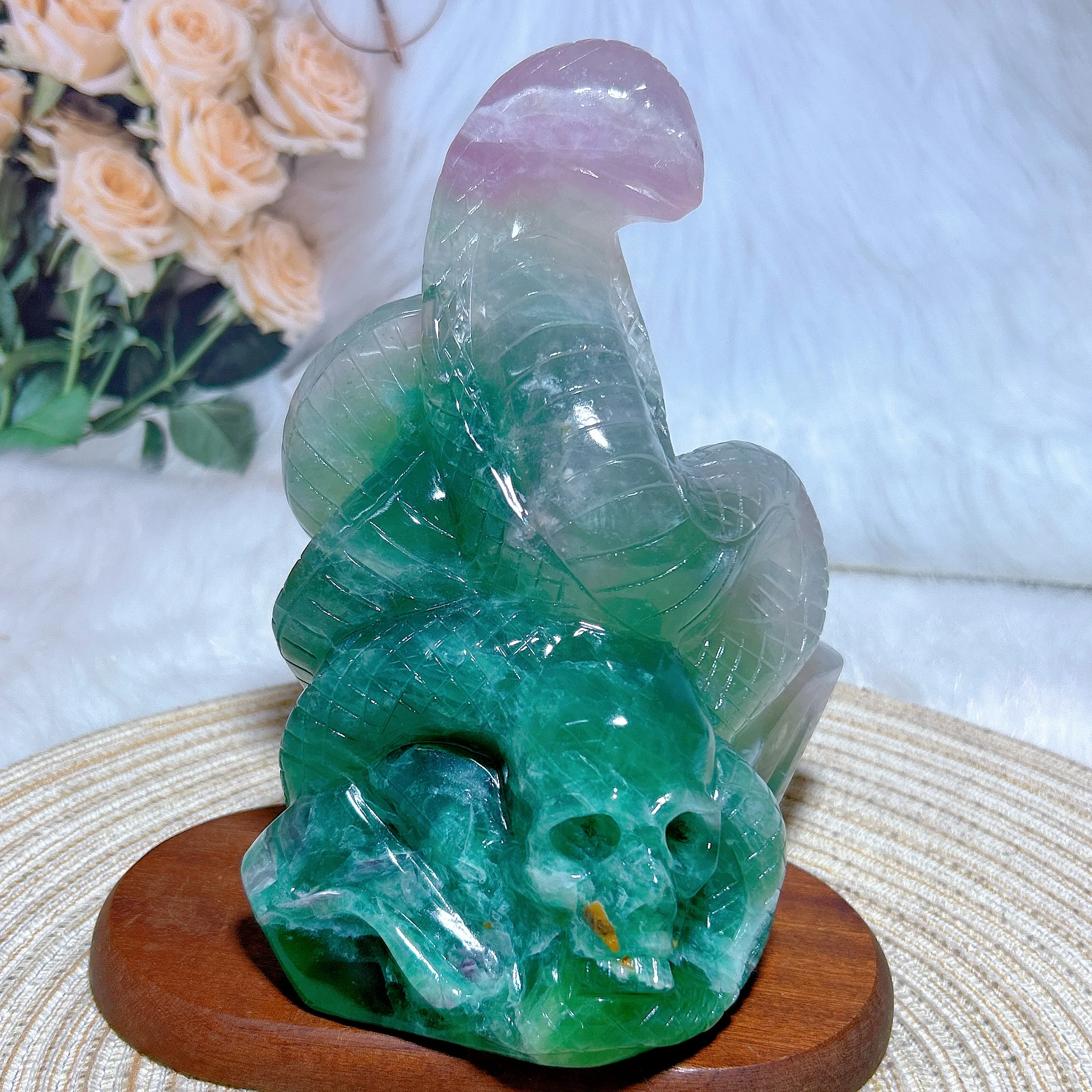 Healing Natural Crystals Purple And Green Fluorite Snake Skull Carving Gemstones Energy Reiki Home Decroration Room Decro Gift