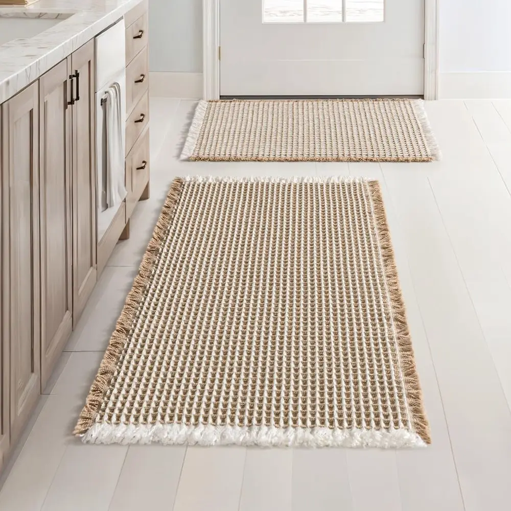 

2-Piece Bohemian Bathroom Rug Set, Non-Slip Washable Absorbent Mats, Rubber Backed Shower Floor Mats, Brown & White, 17x24 and 1