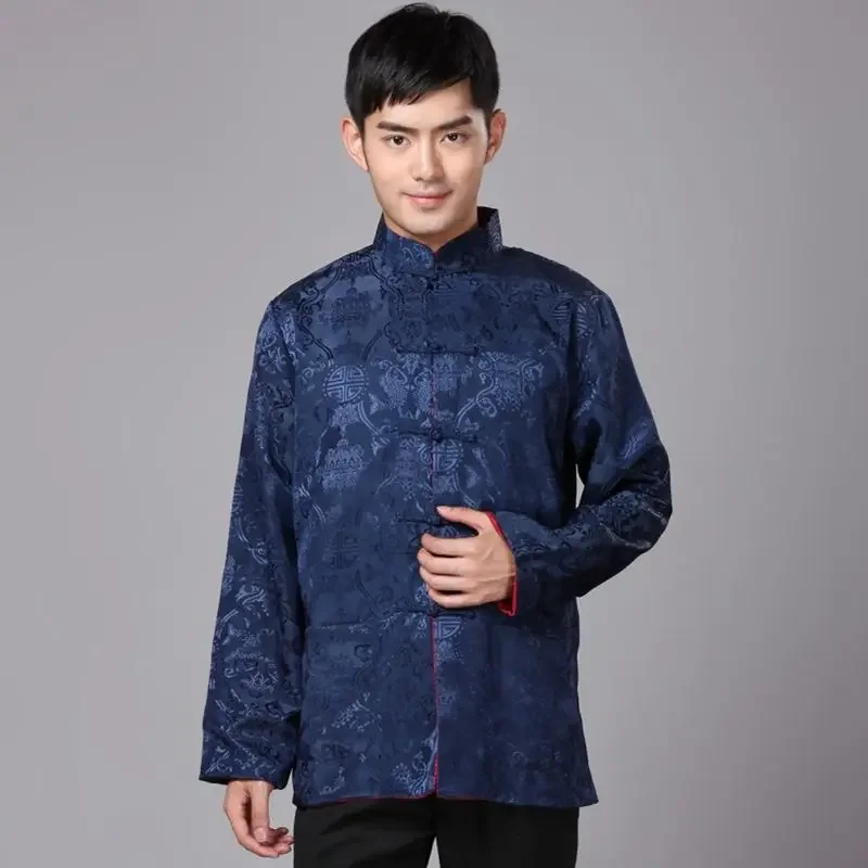 Vintage Double Sided Satin Jacquard Long Sleeved Tang Suit Jacket Men Clothing 2024 Spring Traditional Chinese Coat Tai Chi